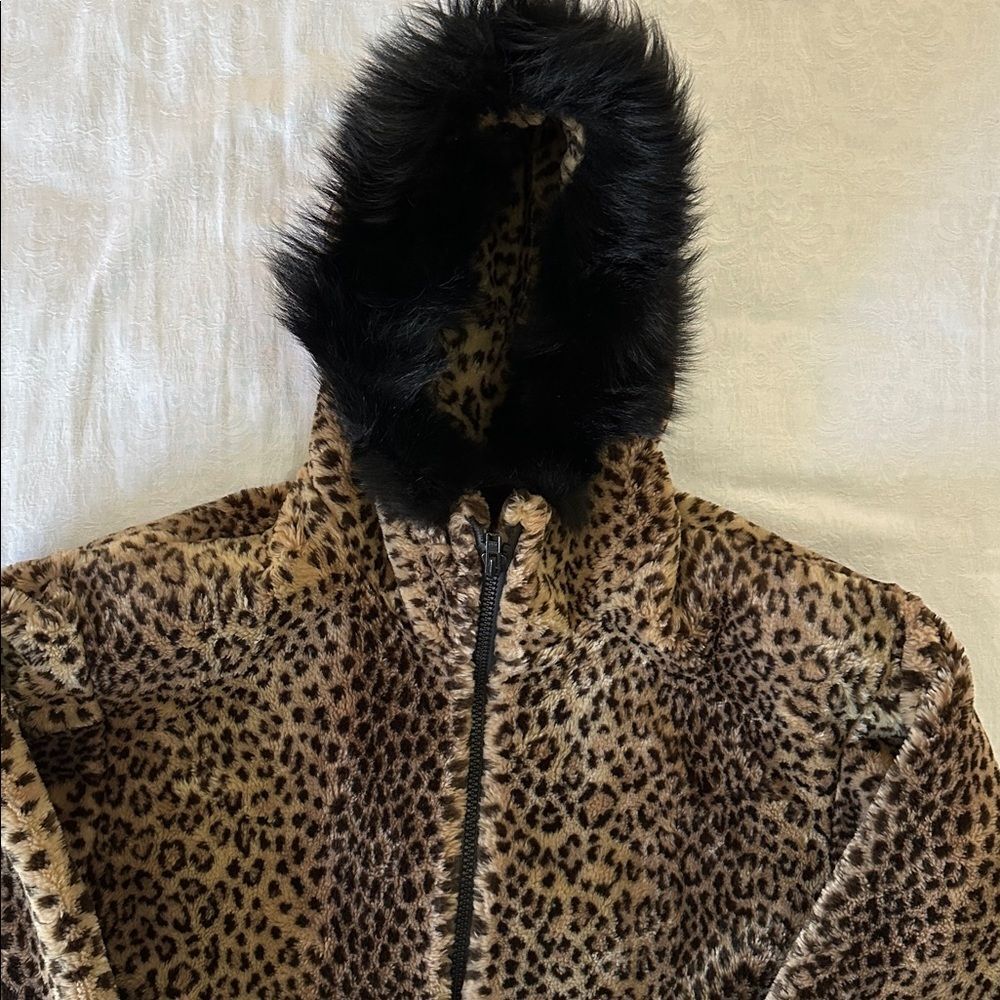 Fur Coat Jacket Hip Length Hooded Lined Cheetah Print